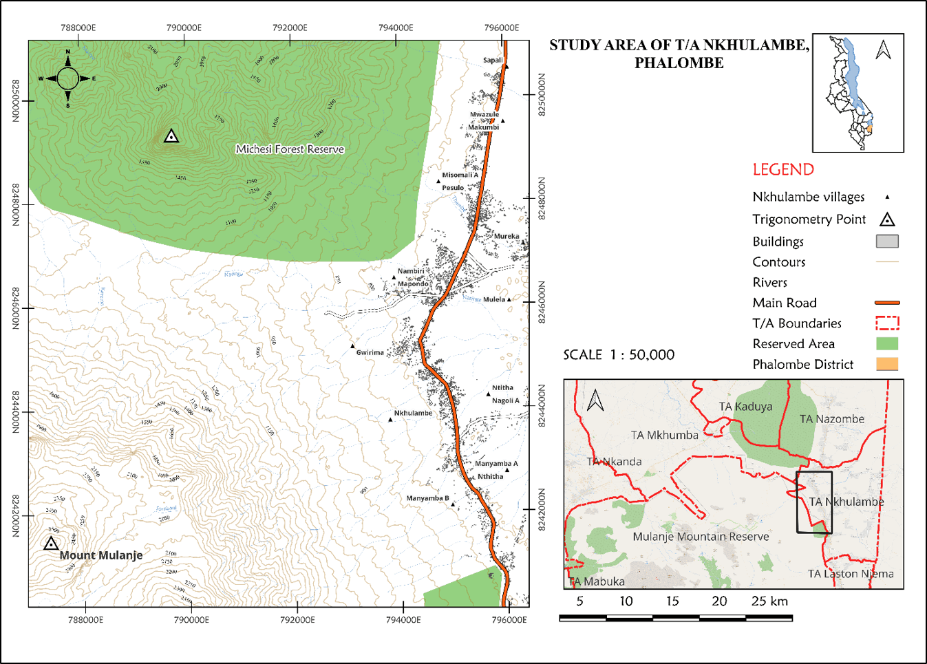 Topographic and hazard map of Nkhulambe in Phalombe District, Malawi.