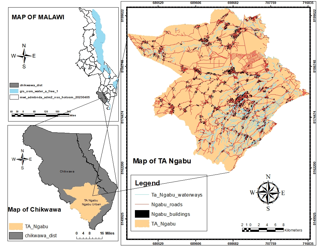 Composite map with Malawi overview, Chikwawa district, and TA Ngabu study area.